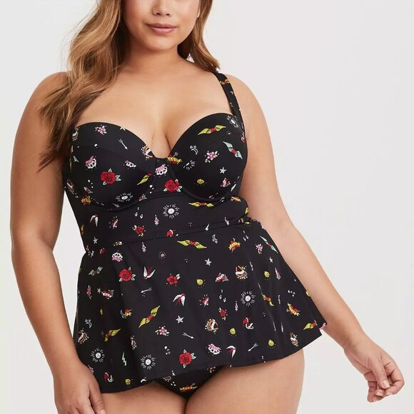 Torrid Deep Black Underwire Push-Up Peplum One Piece Swimsuit in Size 6/30 - Picture 1 of 16